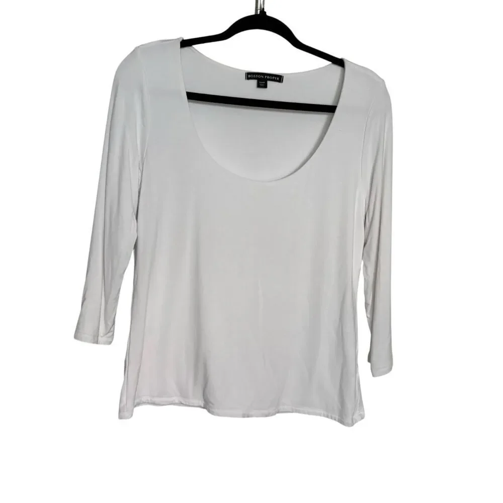 Boston Proper scoop neck 3/4 Sleeve Top Blouse Women’s Size Medium White Stretch